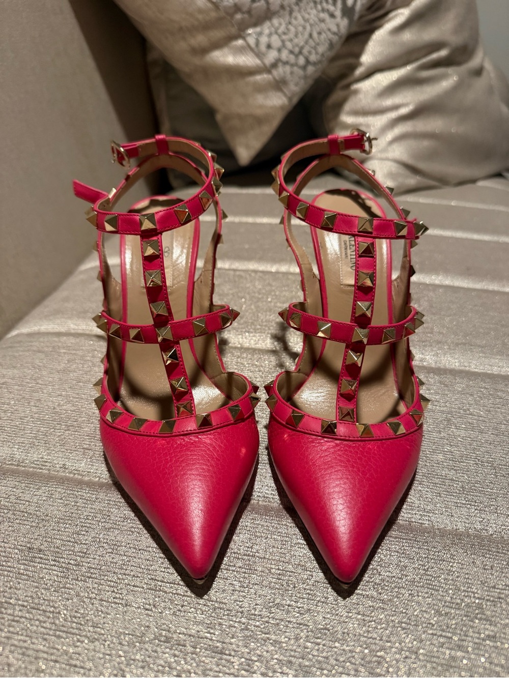 Valentino Red Rockstud T-Strap Pointed Pumps